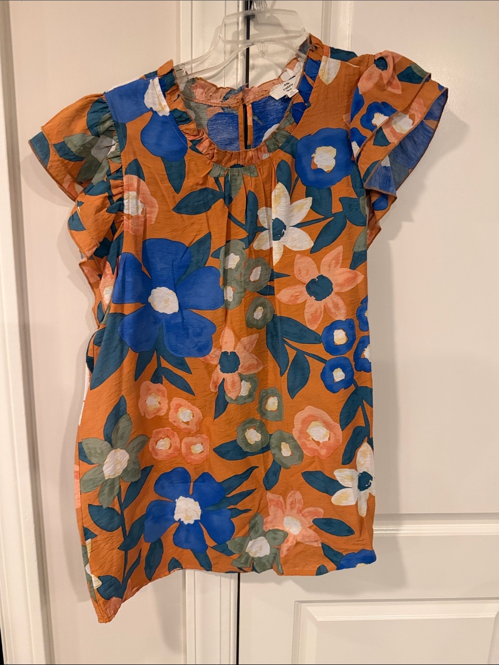 entro Girls' Orange Floral Ruffle Sleeve Top